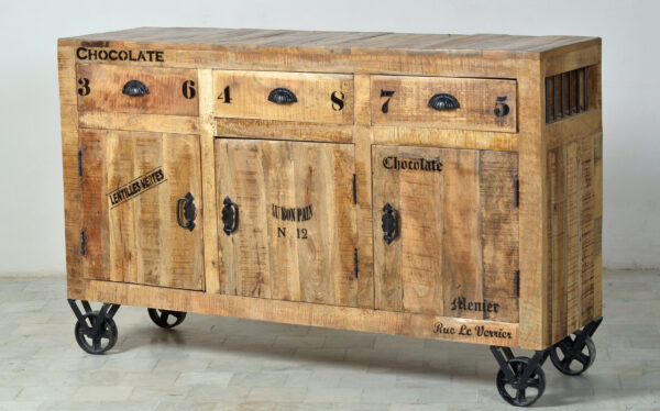 Rustic Wooden & Iron Sideboard on Wheels - Image 2
