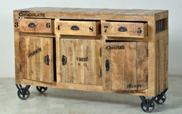 Rustic Wooden & Iron Sideboard on Wheels - Image 3