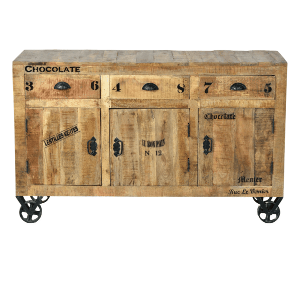 Rustic Wooden & Iron Sideboard on Wheels